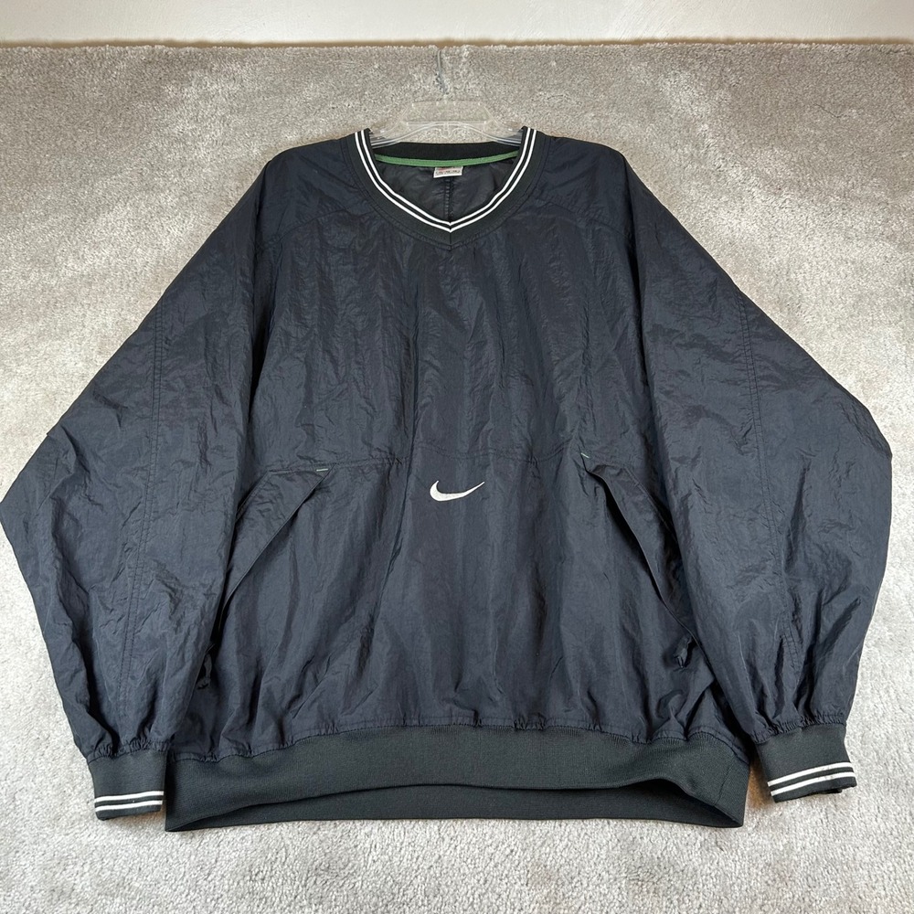 Vintage 90s Nike Windbreaker Pullover Mens XL Black V-Neck Center Swoosh Nylon
